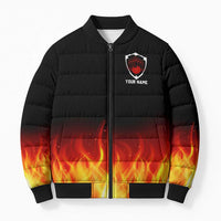 Bowling Ball and Pins Design Bomber Puffer Jacket with Flame Background and Custom Team Name Text - Wonder Print Shop