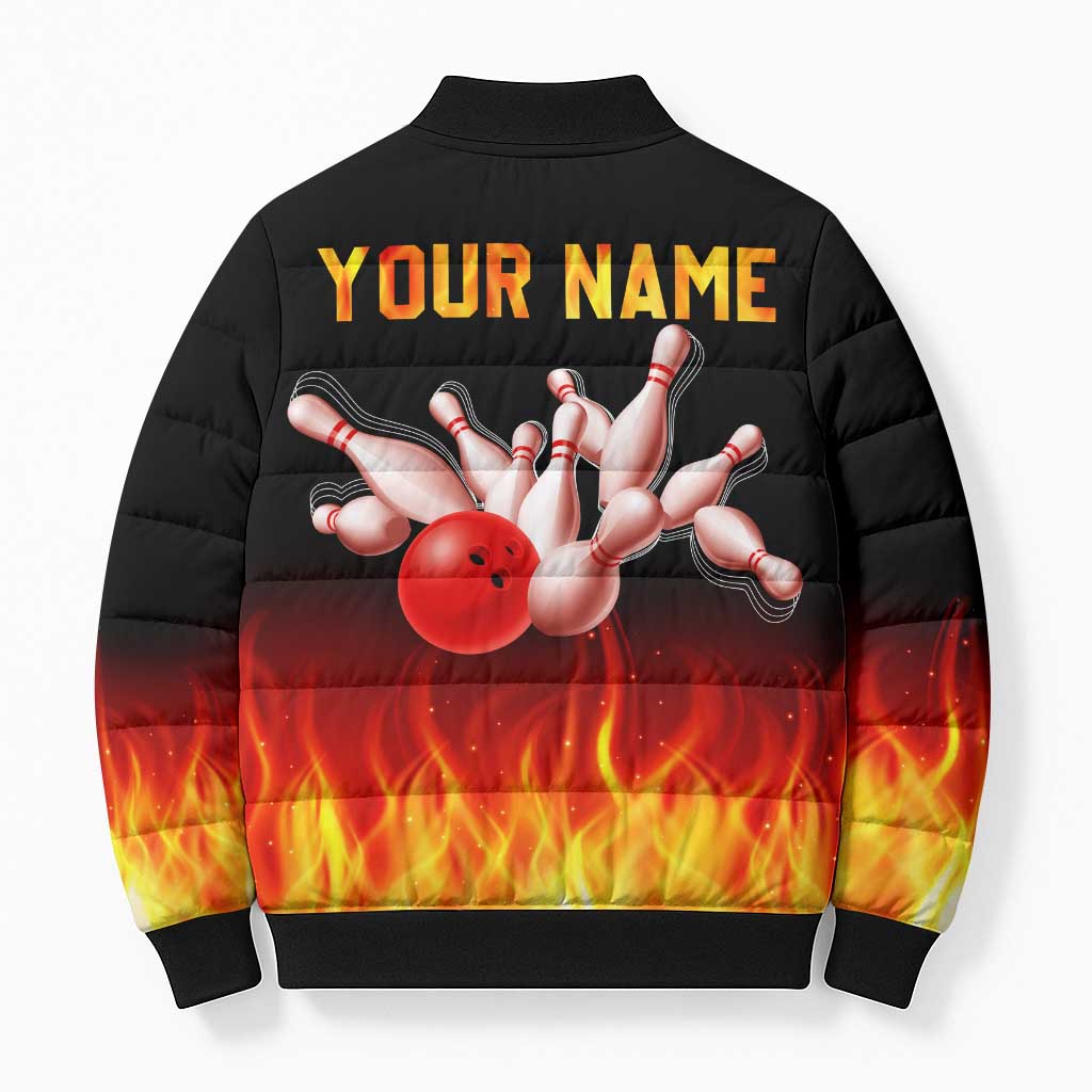 Bowling Ball and Pins Design Bomber Puffer Jacket with Flame Background and Custom Team Name Text - Wonder Print Shop