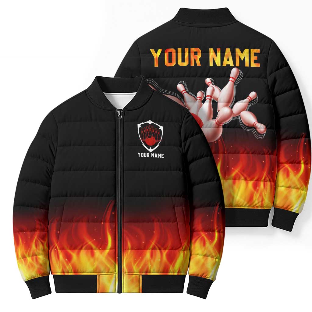 Bowling Ball and Pins Design Bomber Puffer Jacket with Flame Background and Custom Team Name Text - Wonder Print Shop