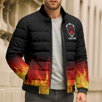 Bowling Ball and Pins Design Bomber Puffer Jacket with Flame Background and Custom Team Name Text - Wonder Print Shop