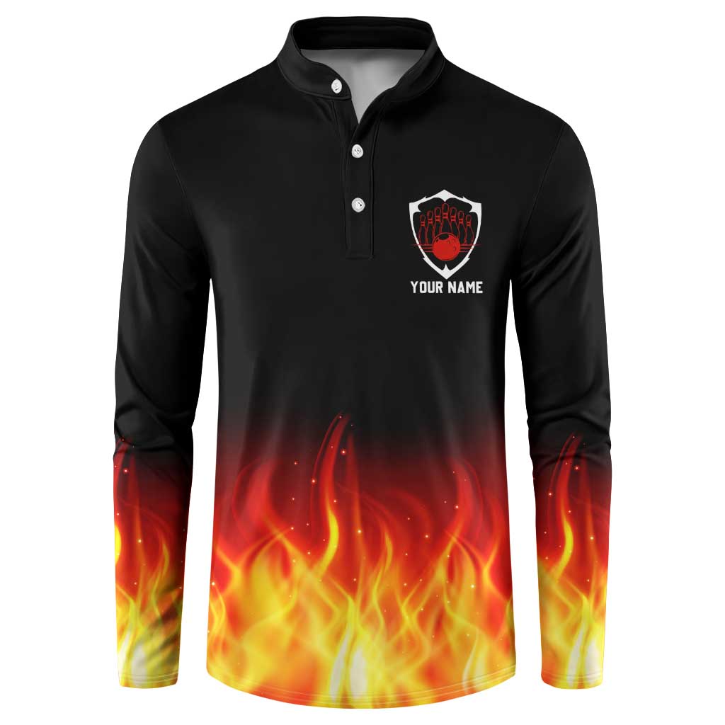 Bowling Ball and Pins Design Button Sweatshirt with Flame Background and Custom Team Name Text - Wonder Print Shop