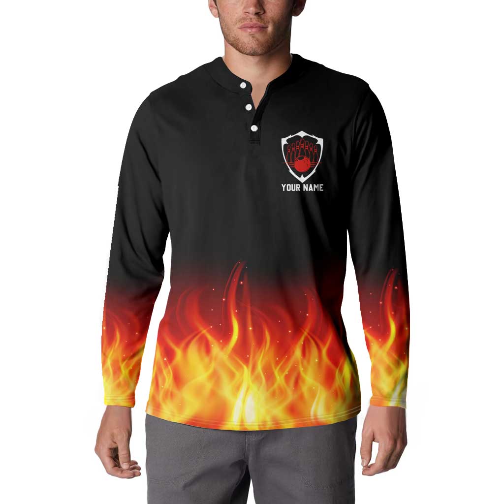 Bowling Ball and Pins Design Button Sweatshirt with Flame Background and Custom Team Name Text - Wonder Print Shop