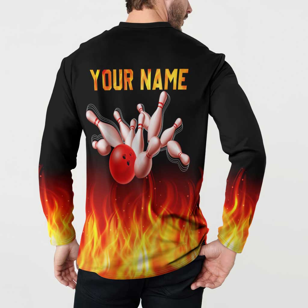 Bowling Ball and Pins Design Button Sweatshirt with Flame Background and Custom Team Name Text - Wonder Print Shop