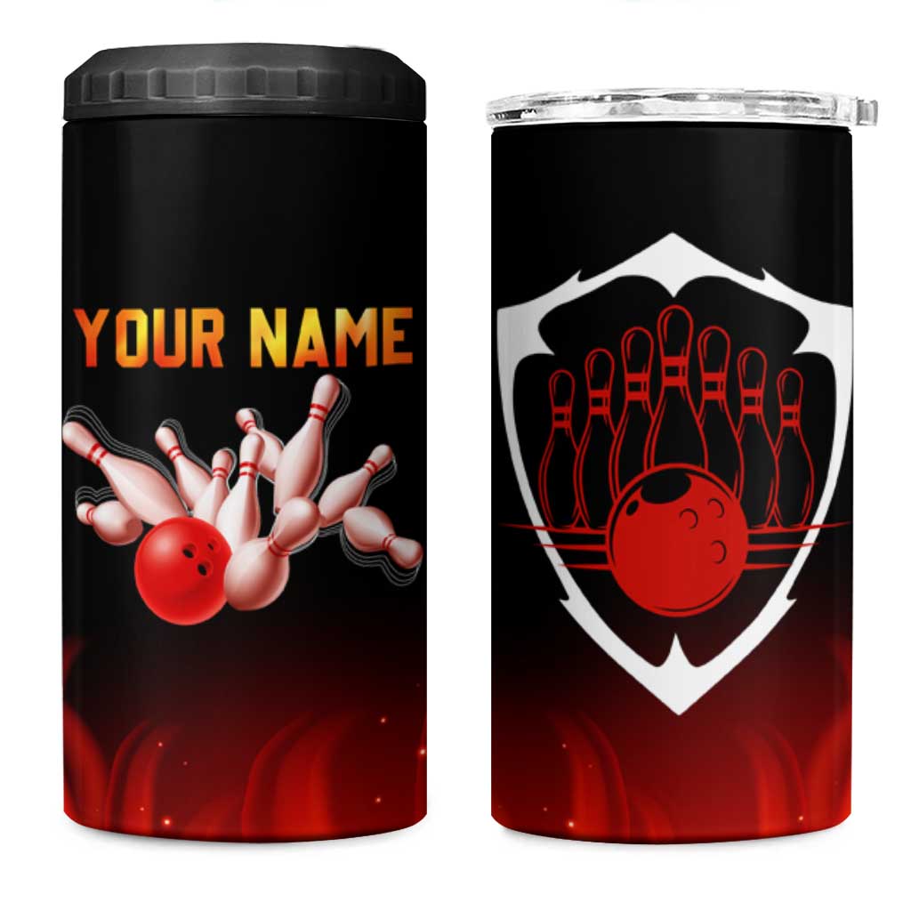 Bowling Ball and Pins Design 4 in 1 Can Cooler Tumbler with Flame Background and Custom Team Name Text - Wonder Print Shop