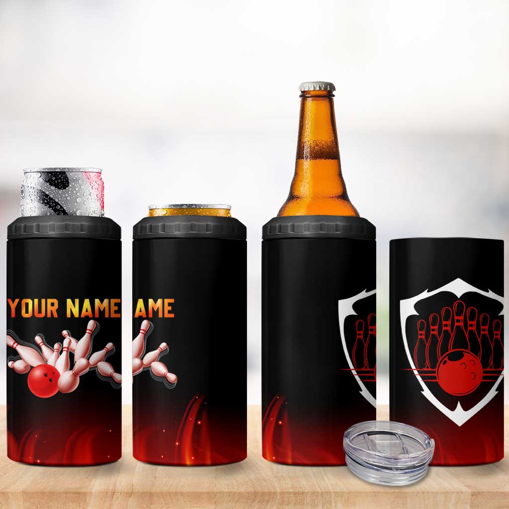 Bowling Ball and Pins Design 4 in 1 Can Cooler Tumbler with Flame Background and Custom Team Name Text - Wonder Print Shop