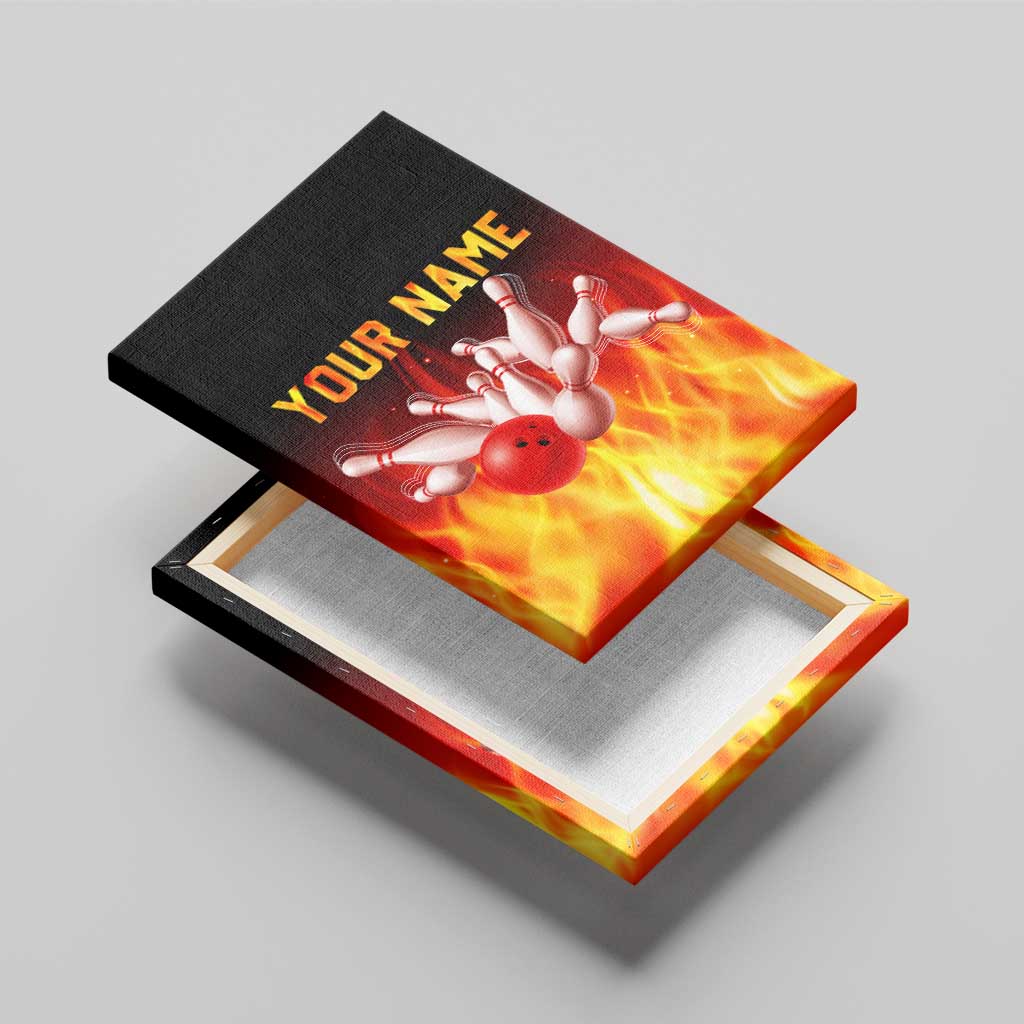 Bowling Ball and Pins Design Canvas Wall Art with Flame Background and Custom Team Name Text - Wonder Print Shop