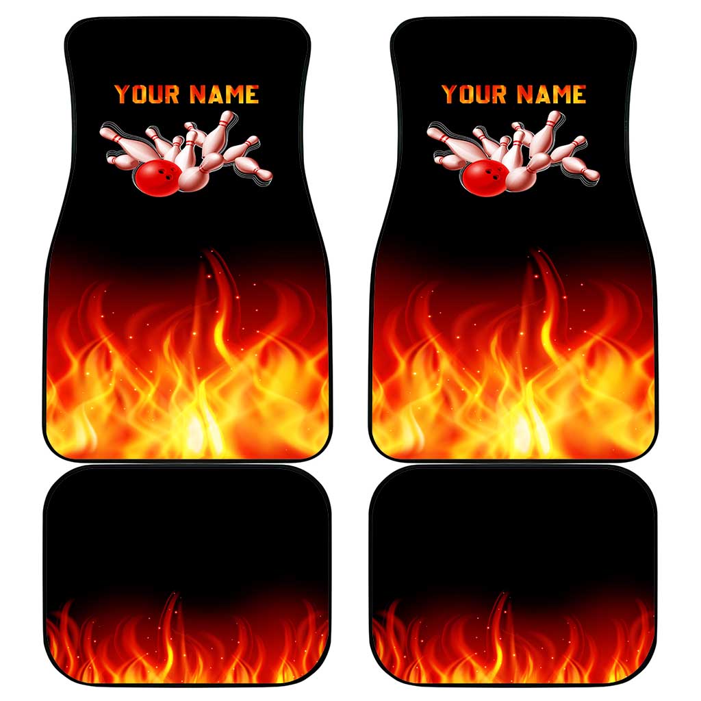 Bowling Ball and Pins Design Car Mats with Flame Background and Custom Team Name Text - Wonder Print Shop