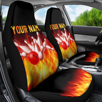 Bowling Ball and Pins Design Car Seat Cover with Flame Background and Custom Team Name Text - Wonder Print Shop