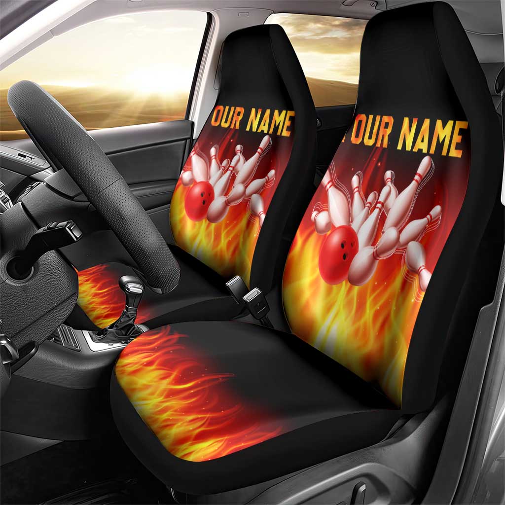 Bowling Ball and Pins Design Car Seat Cover with Flame Background and Custom Team Name Text - Wonder Print Shop