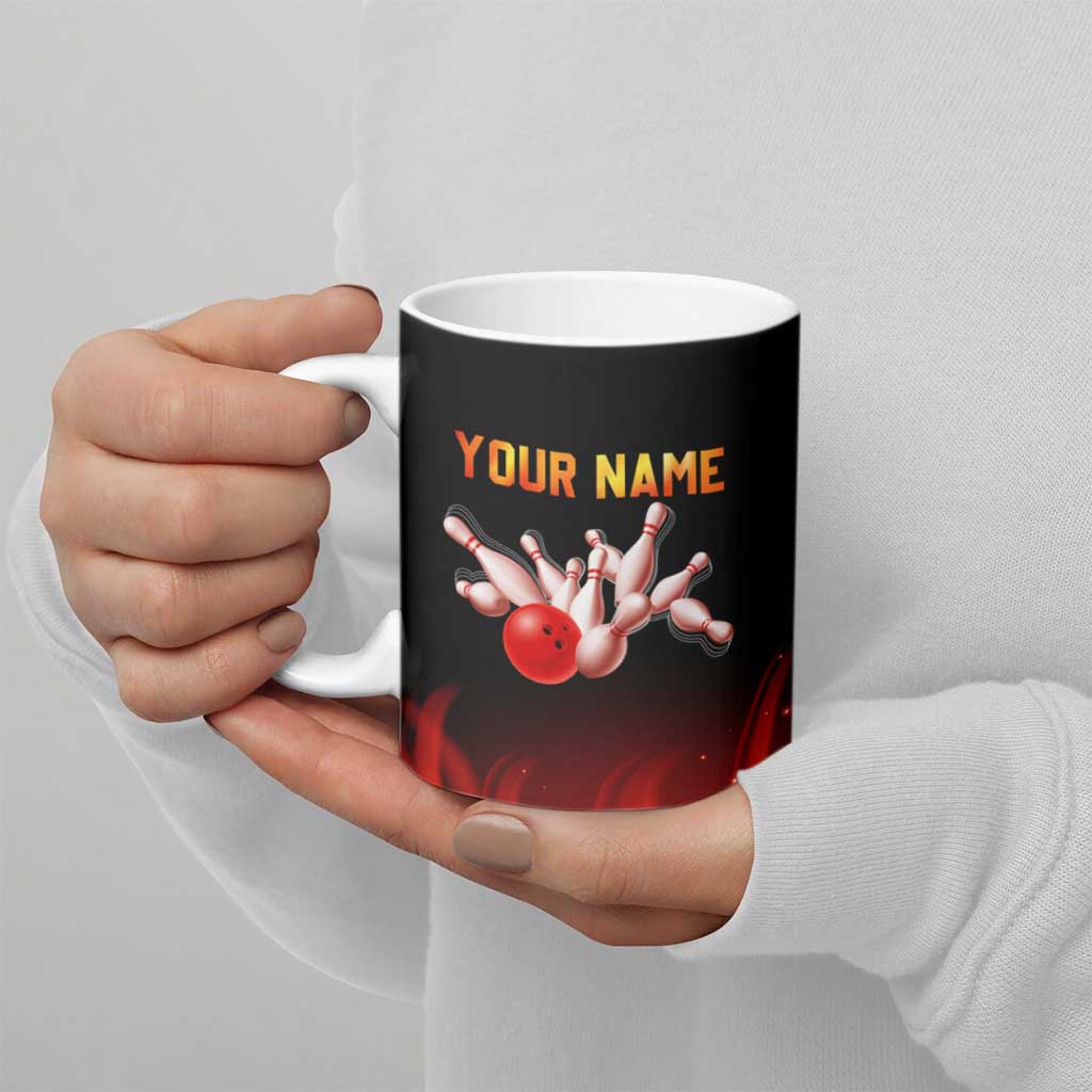 Bowling Ball and Pins Design Ceramic Mug with Flame Background and Custom Team Name Text - Wonder Print Shop