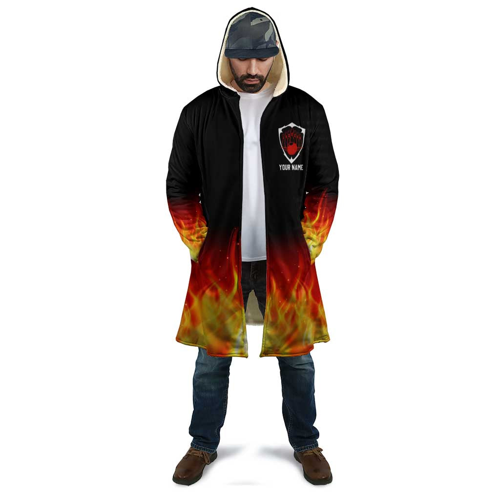 Bowling Ball and Pins Design Cloak with Flame Background and Custom Team Name Text - Wonder Print Shop