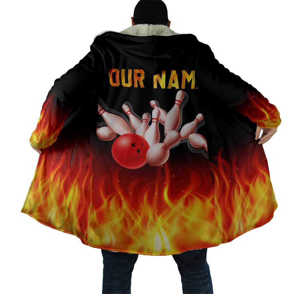 Bowling Ball and Pins Design Cloak with Flame Background and Custom Team Name Text - Wonder Print Shop