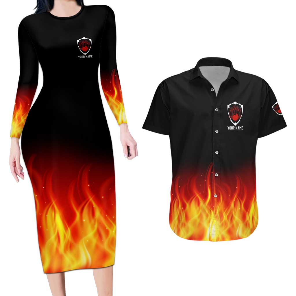 Bowling Ball and Pins Design Couples Matching Long Sleeve Bodycon Dress and Hawaiian Shirt with Flame Background and Custom Team Name Text - Wonder Print Shop