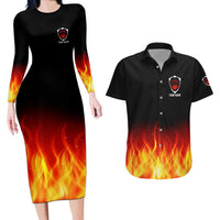 Bowling Ball and Pins Design Couples Matching Long Sleeve Bodycon Dress and Hawaiian Shirt with Flame Background and Custom Team Name Text - Wonder Print Shop