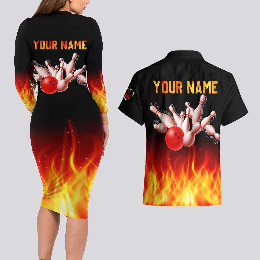 Bowling Ball and Pins Design Couples Matching Long Sleeve Bodycon Dress and Hawaiian Shirt with Flame Background and Custom Team Name Text - Wonder Print Shop