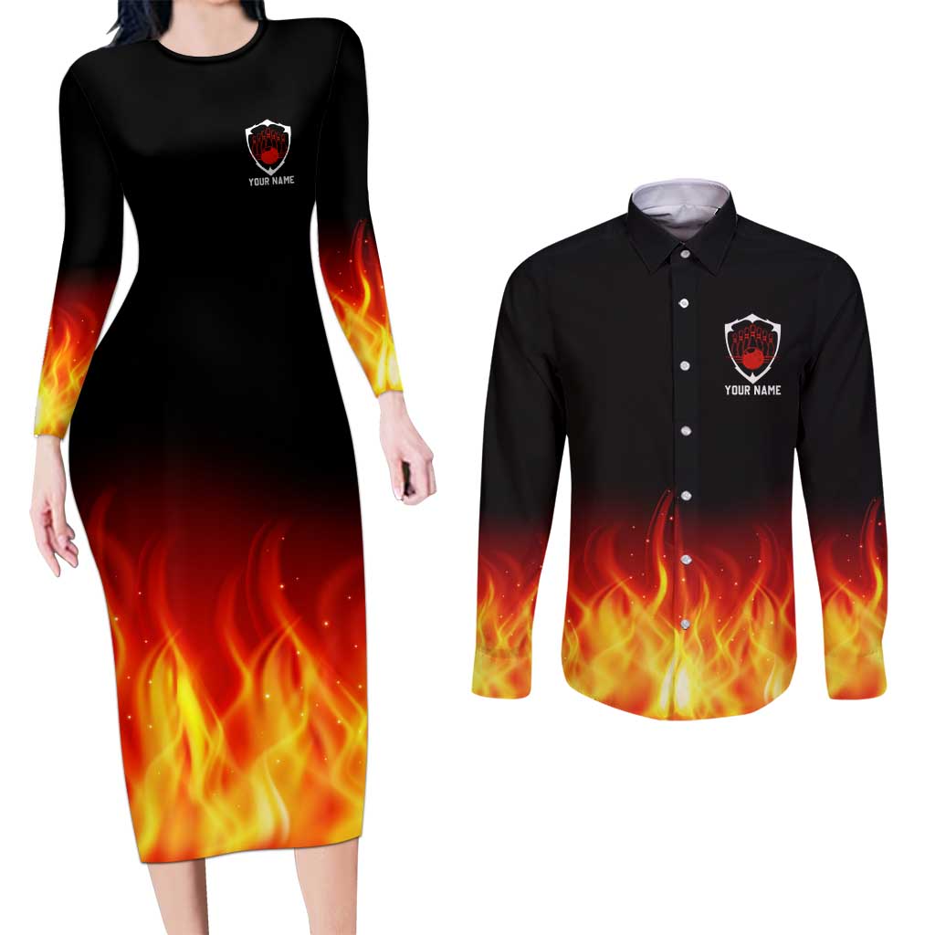 Bowling Ball and Pins Design Couples Matching Long Sleeve Bodycon Dress and Long Sleeve Button Shirt with Flame Background and Custom Team Name Text - Wonder Print Shop