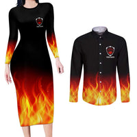 Bowling Ball and Pins Design Couples Matching Long Sleeve Bodycon Dress and Long Sleeve Button Shirt with Flame Background and Custom Team Name Text - Wonder Print Shop