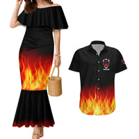 Bowling Ball and Pins Design Couples Matching Mermaid Dress and Hawaiian Shirt with Flame Background and Custom Team Name Text - Wonder Print Shop