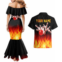 Bowling Ball and Pins Design Couples Matching Mermaid Dress and Hawaiian Shirt with Flame Background and Custom Team Name Text - Wonder Print Shop