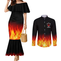 Bowling Ball and Pins Design Couples Matching Mermaid Dress and Long Sleeve Button Shirt with Flame Background and Custom Team Name Text - Wonder Print Shop