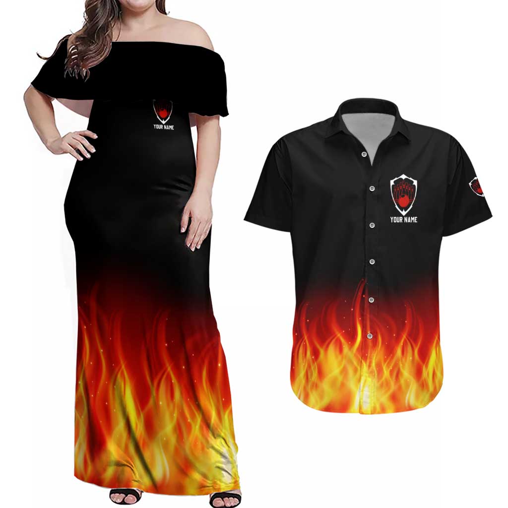 Bowling Ball and Pins Design Couples Matching Off Shoulder Maxi Dress and Hawaiian Shirt with Flame Background and Custom Team Name Text - Wonder Print Shop