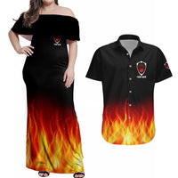 Bowling Ball and Pins Design Couples Matching Off Shoulder Maxi Dress and Hawaiian Shirt with Flame Background and Custom Team Name Text - Wonder Print Shop
