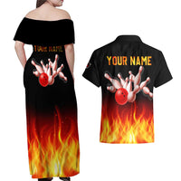 Bowling Ball and Pins Design Couples Matching Off Shoulder Maxi Dress and Hawaiian Shirt with Flame Background and Custom Team Name Text - Wonder Print Shop