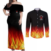Bowling Ball and Pins Design Couples Matching Off Shoulder Maxi Dress and Long Sleeve Button Shirt with Flame Background and Custom Team Name Text - Wonder Print Shop