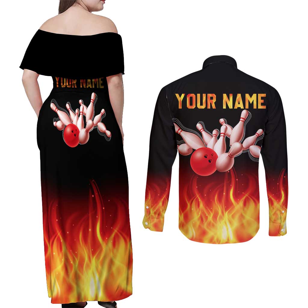 Bowling Ball and Pins Design Couples Matching Off Shoulder Maxi Dress and Long Sleeve Button Shirt with Flame Background and Custom Team Name Text - Wonder Print Shop