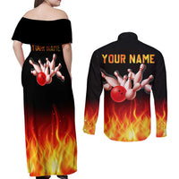 Bowling Ball and Pins Design Couples Matching Off Shoulder Maxi Dress and Long Sleeve Button Shirt with Flame Background and Custom Team Name Text - Wonder Print Shop