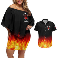 Bowling Ball and Pins Design Couples Matching Off Shoulder Short Dress and Hawaiian Shirt with Flame Background and Custom Team Name Text - Wonder Print Shop