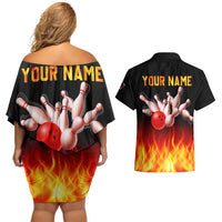 Bowling Ball and Pins Design Couples Matching Off Shoulder Short Dress and Hawaiian Shirt with Flame Background and Custom Team Name Text - Wonder Print Shop