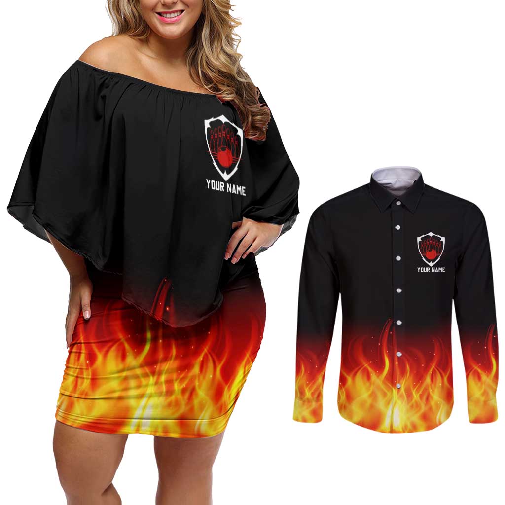 Bowling Ball and Pins Design Couples Matching Off Shoulder Short Dress and Long Sleeve Button Shirt with Flame Background and Custom Team Name Text - Wonder Print Shop