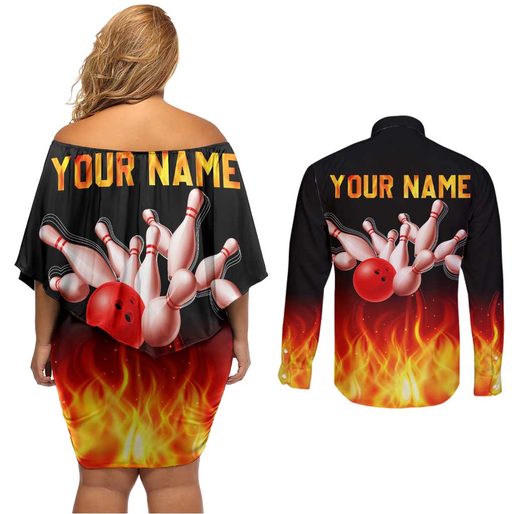 Bowling Ball and Pins Design Couples Matching Off Shoulder Short Dress and Long Sleeve Button Shirt with Flame Background and Custom Team Name Text - Wonder Print Shop