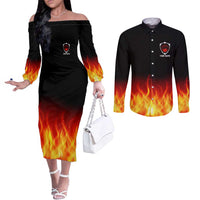 Bowling Ball and Pins Design Couples Matching Off The Shoulder Long Sleeve Dress and Long Sleeve Button Shirt with Flame Background and Custom Team Name Text - Wonder Print Shop