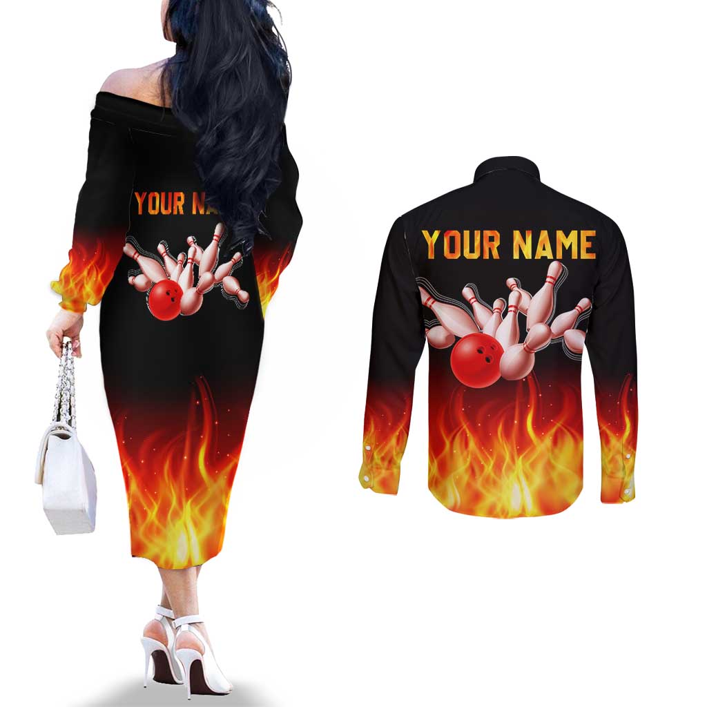 Bowling Ball and Pins Design Couples Matching Off The Shoulder Long Sleeve Dress and Long Sleeve Button Shirt with Flame Background and Custom Team Name Text - Wonder Print Shop