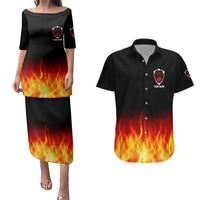 Bowling Ball and Pins Design Couples Matching Puletasi and Hawaiian Shirt with Flame Background and Custom Team Name Text - Wonder Print Shop