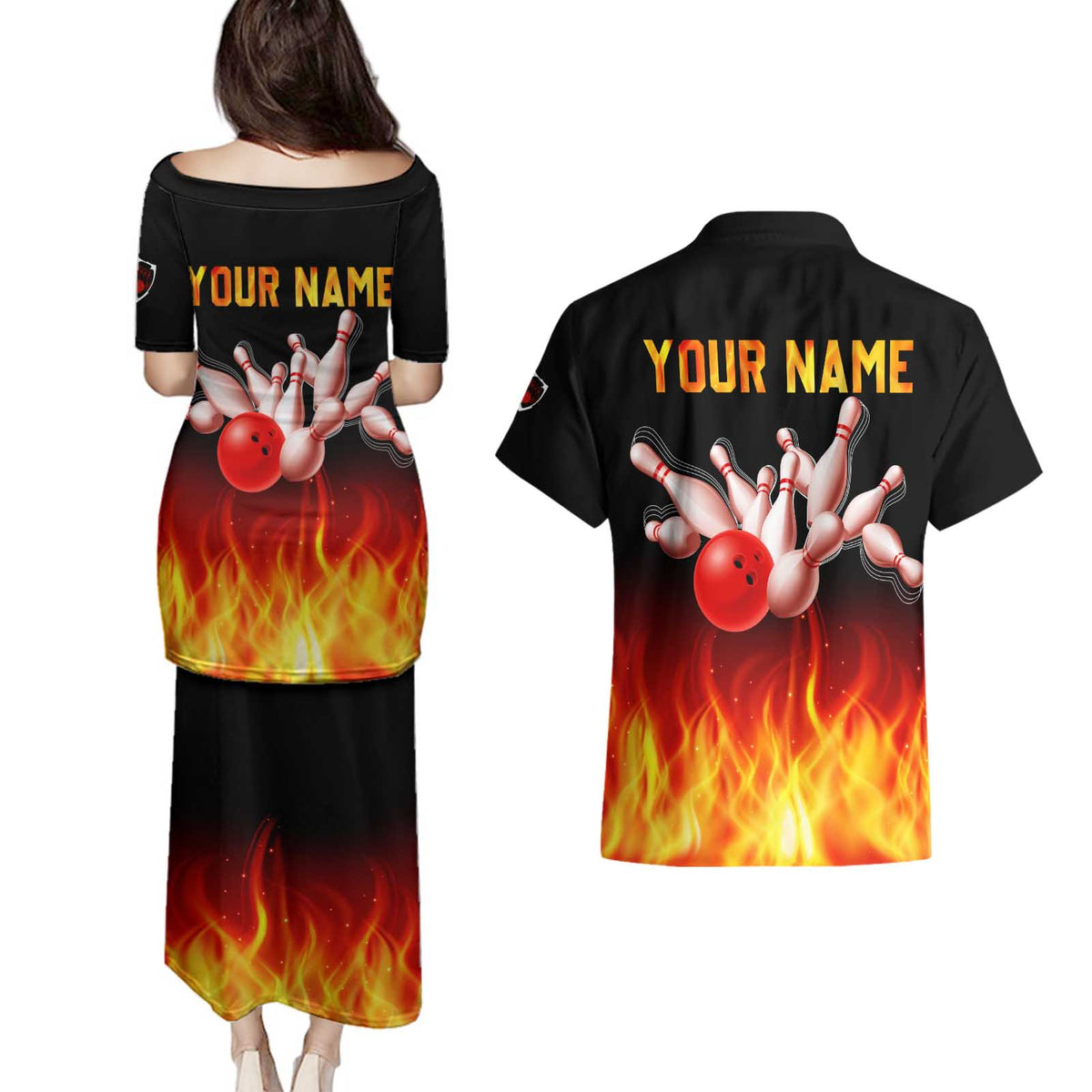 Bowling Ball and Pins Design Couples Matching Puletasi and Hawaiian Shirt with Flame Background and Custom Team Name Text - Wonder Print Shop