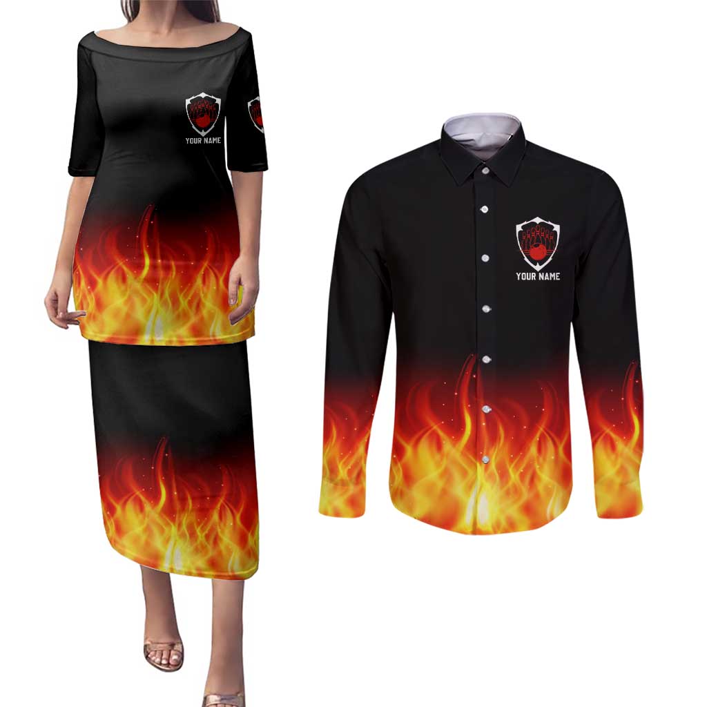 Bowling Ball and Pins Design Couples Matching Puletasi and Long Sleeve Button Shirt with Flame Background and Custom Team Name Text - Wonder Print Shop