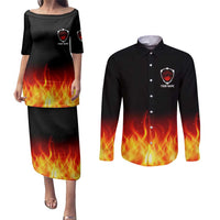 Bowling Ball and Pins Design Couples Matching Puletasi and Long Sleeve Button Shirt with Flame Background and Custom Team Name Text - Wonder Print Shop