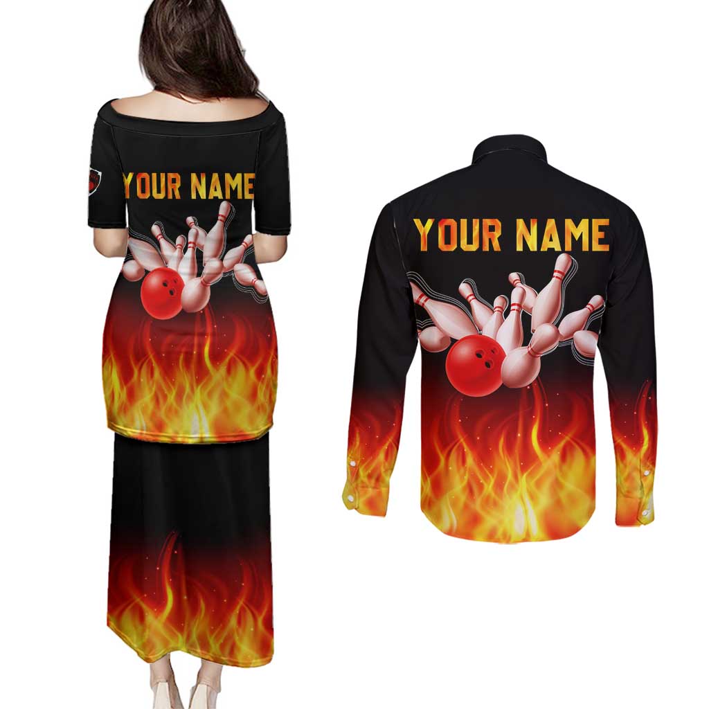 Bowling Ball and Pins Design Couples Matching Puletasi and Long Sleeve Button Shirt with Flame Background and Custom Team Name Text - Wonder Print Shop