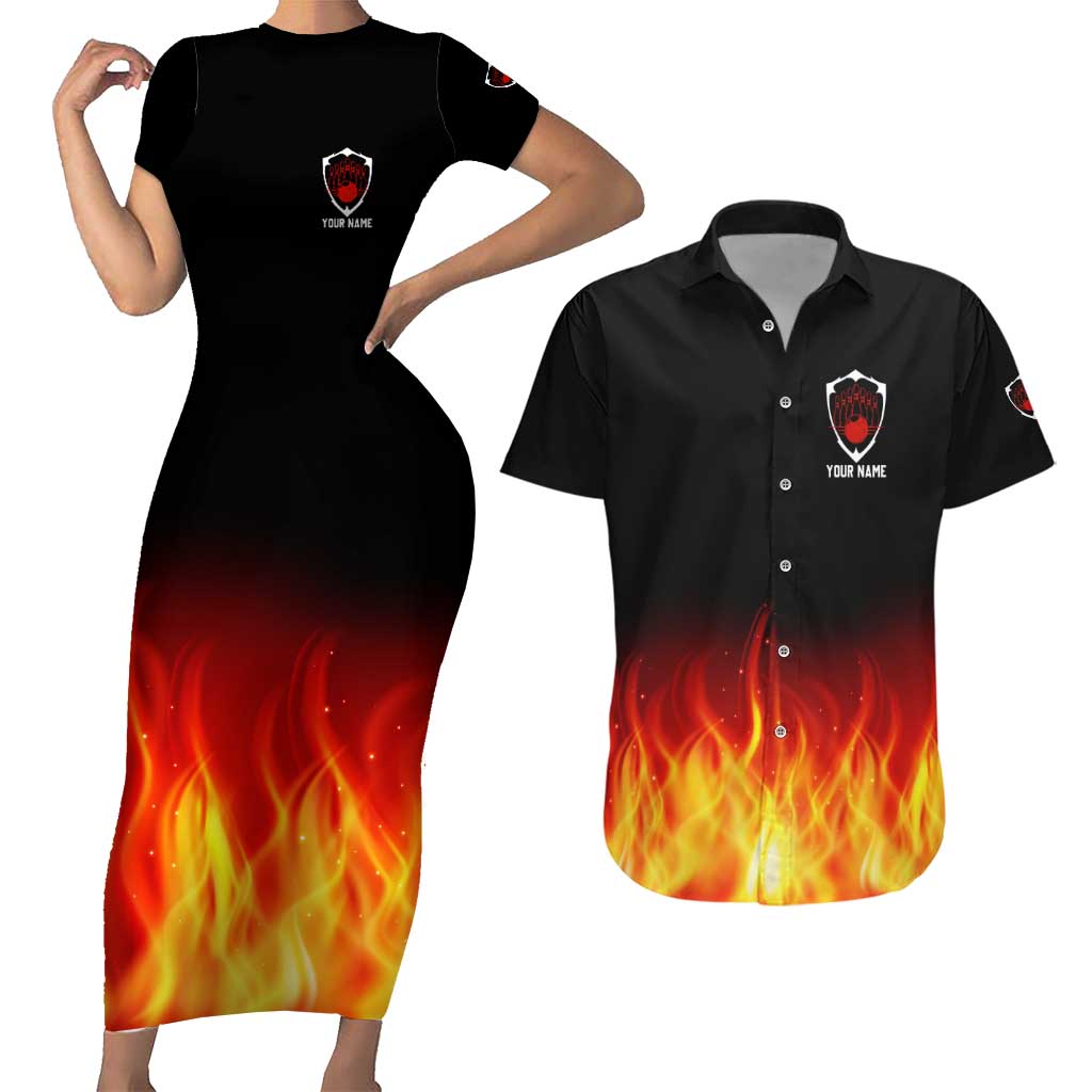 Bowling Ball and Pins Design Couples Matching Short Sleeve Bodycon Dress and Hawaiian Shirt with Flame Background and Custom Team Name Text - Wonder Print Shop