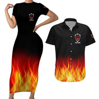 Bowling Ball and Pins Design Couples Matching Short Sleeve Bodycon Dress and Hawaiian Shirt with Flame Background and Custom Team Name Text - Wonder Print Shop