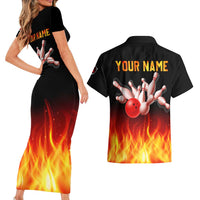 Bowling Ball and Pins Design Couples Matching Short Sleeve Bodycon Dress and Hawaiian Shirt with Flame Background and Custom Team Name Text - Wonder Print Shop