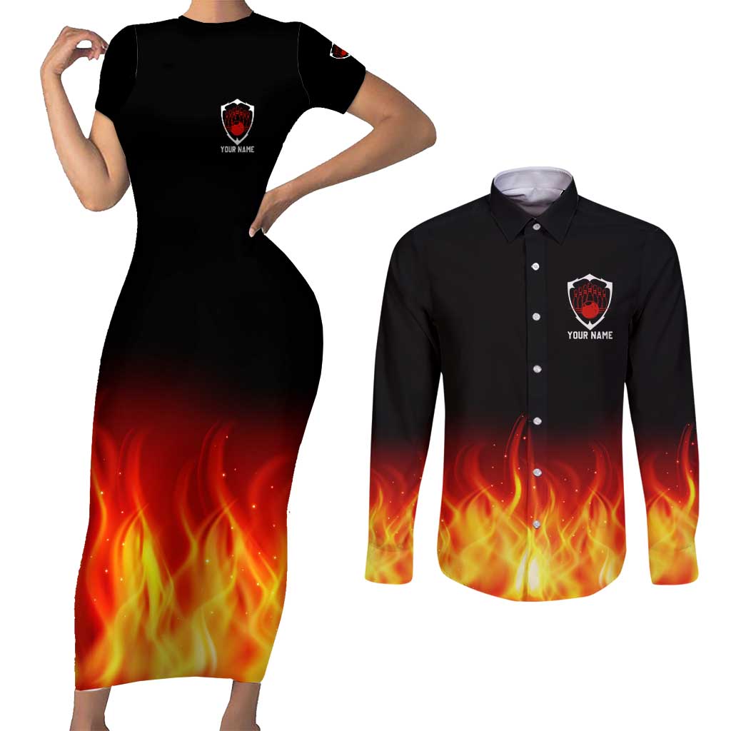 Bowling Ball and Pins Design Couples Matching Short Sleeve Bodycon Dress and Long Sleeve Button Shirt with Flame Background and Custom Team Name Text - Wonder Print Shop