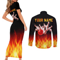 Bowling Ball and Pins Design Couples Matching Short Sleeve Bodycon Dress and Long Sleeve Button Shirt with Flame Background and Custom Team Name Text - Wonder Print Shop