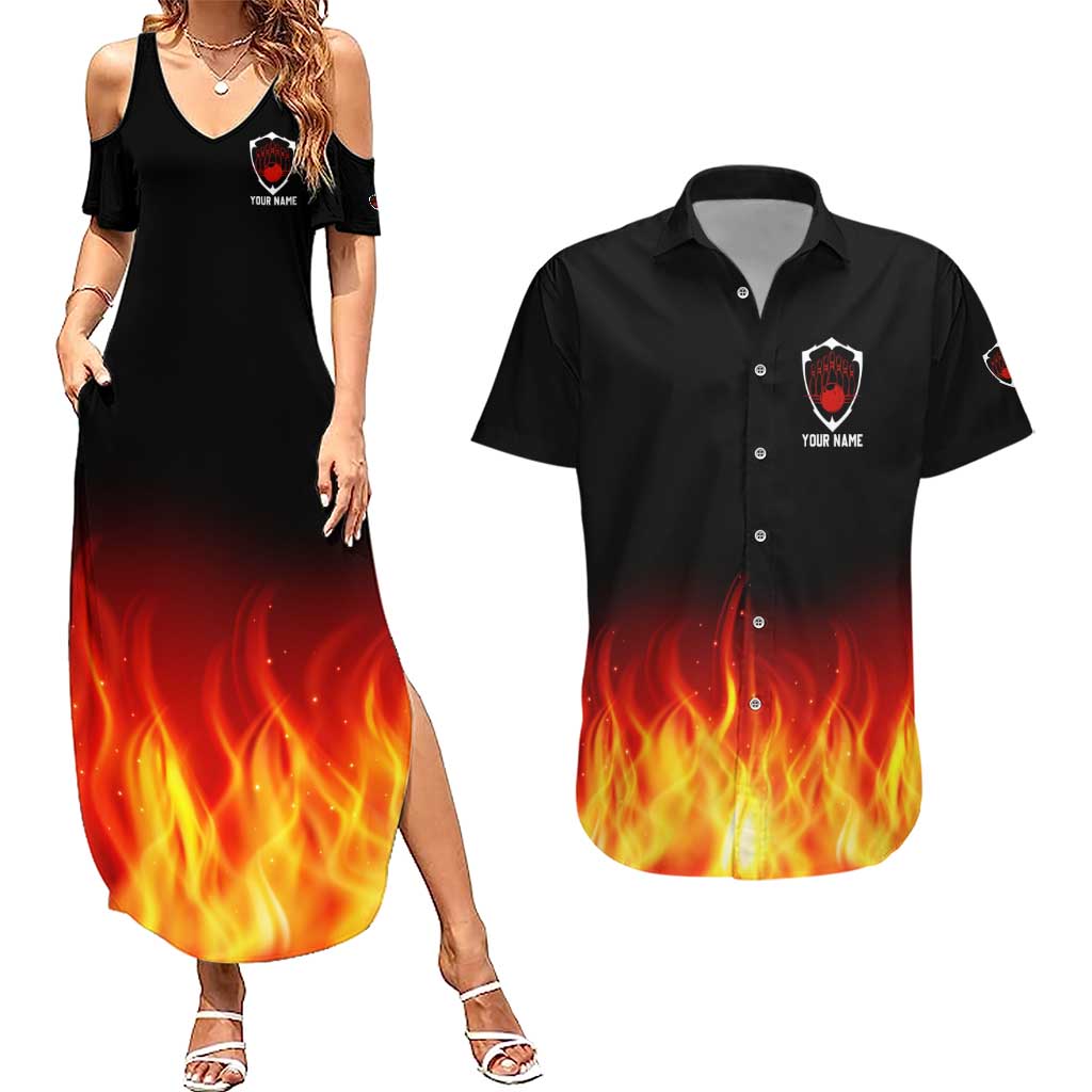 Bowling Ball and Pins Design Couples Matching Summer Maxi Dress and Hawaiian Shirt with Flame Background and Custom Team Name Text - Wonder Print Shop