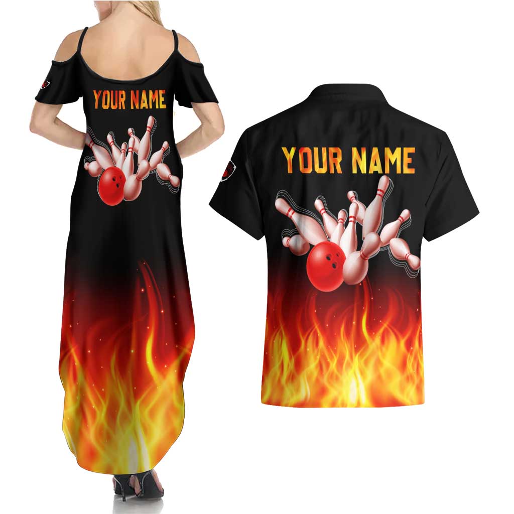 Bowling Ball and Pins Design Couples Matching Summer Maxi Dress and Hawaiian Shirt with Flame Background and Custom Team Name Text - Wonder Print Shop