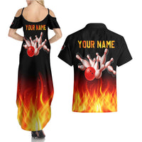 Bowling Ball and Pins Design Couples Matching Summer Maxi Dress and Hawaiian Shirt with Flame Background and Custom Team Name Text - Wonder Print Shop