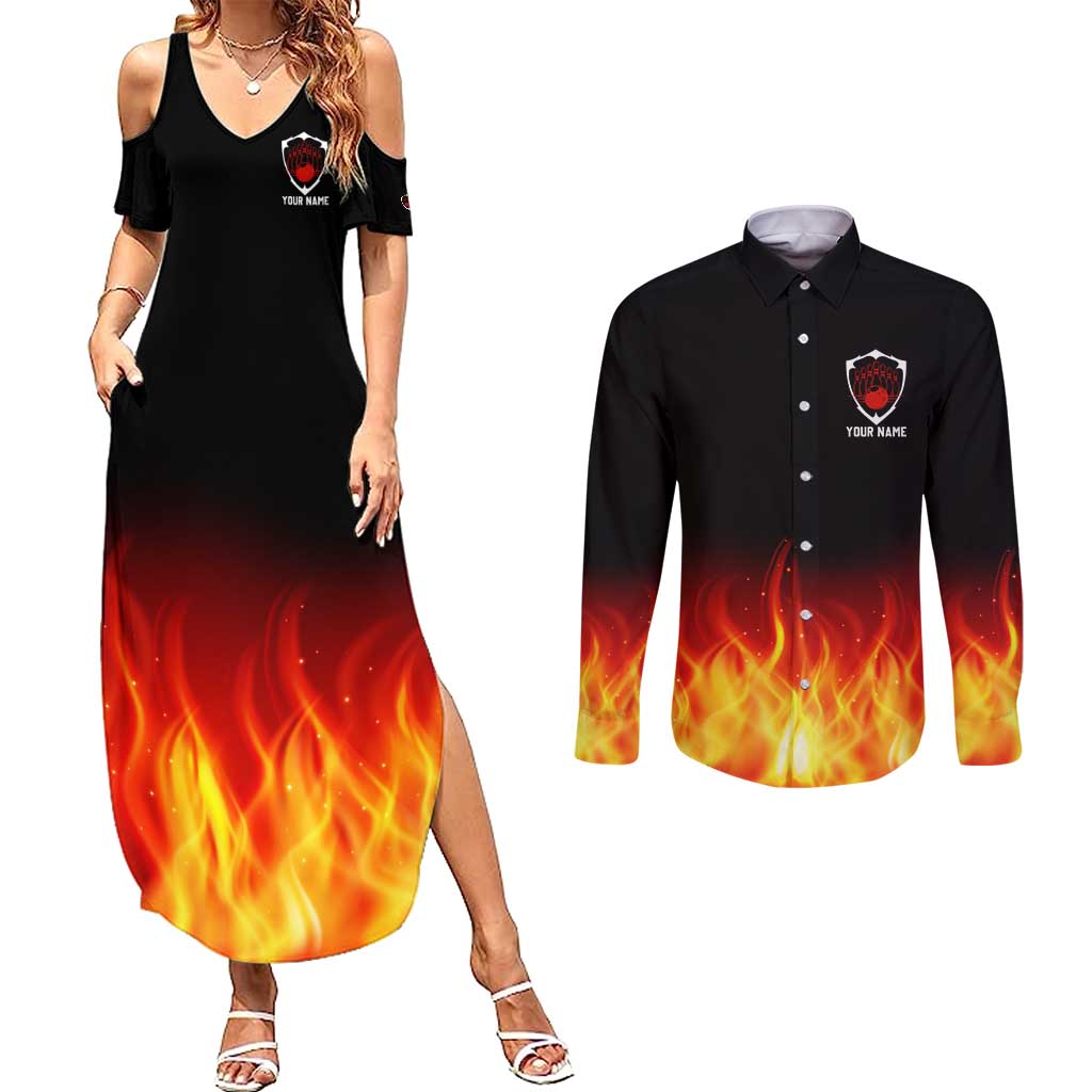 Bowling Ball and Pins Design Couples Matching Summer Maxi Dress and Long Sleeve Button Shirt with Flame Background and Custom Team Name Text - Wonder Print Shop